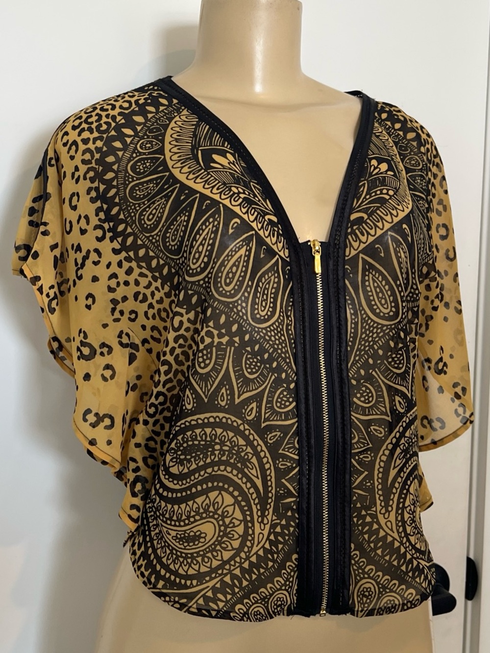 bebe Black and Mustard Paisley & Leopard Zip-Front Sheer Top - Picture 2 of 3